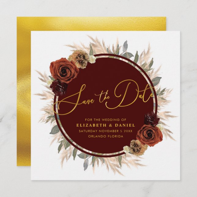 Reserve A Data Burgundy Floral Pampas Grass Salve A Placa Date (Frente/Verso)