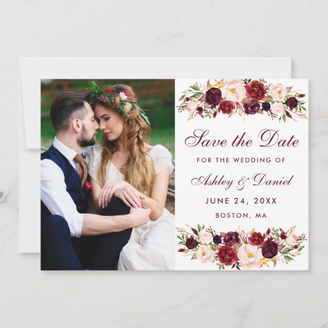 Reserve A Data Burgundy Floral Photo Save the Date W (Frente)