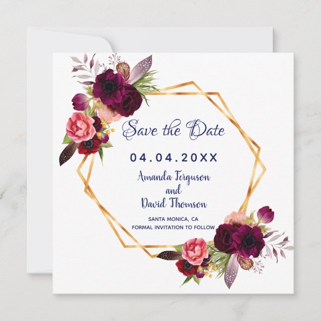 Reserve A Data Burgundy Flowers Blue Wedding Salvar data (Frente)