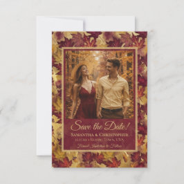 Reserve A Data Burgundy & Gold Autumn Leaves & Photo Wedding