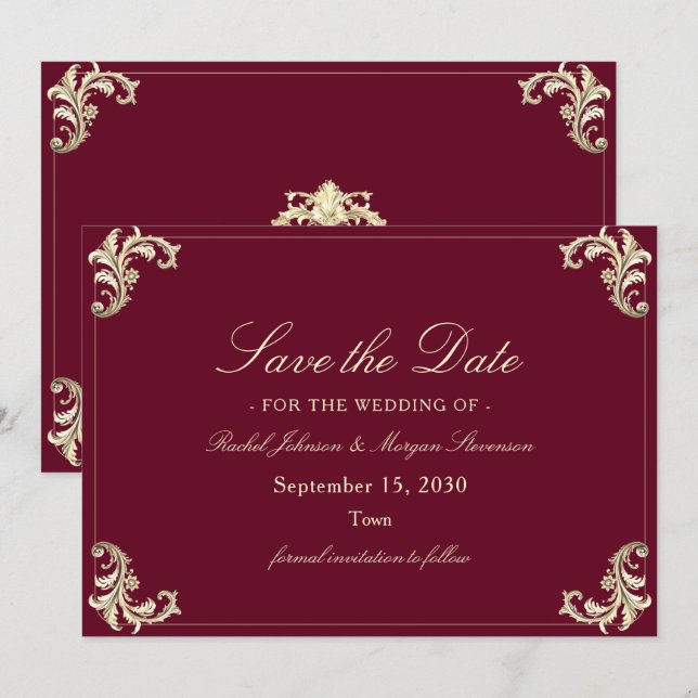 Reserve A Data Burgundy Gold Baroque Wedding (Frente/Verso)