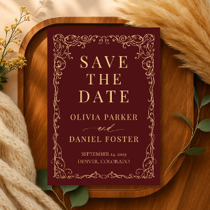 Reserve A Data Burgundy Gold Casamento Minimalista Save the Date
