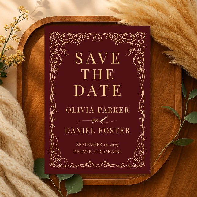 Reserve A Data Burgundy Gold Minimalist Wedding Save the Date (Criador carregado)