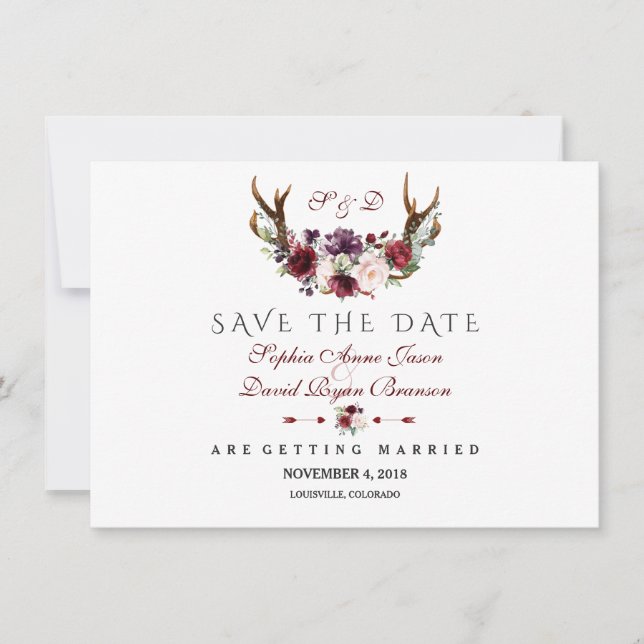 Reserve A Data Burgundy Marsala Floral Antlers Salva A Data (Frente)