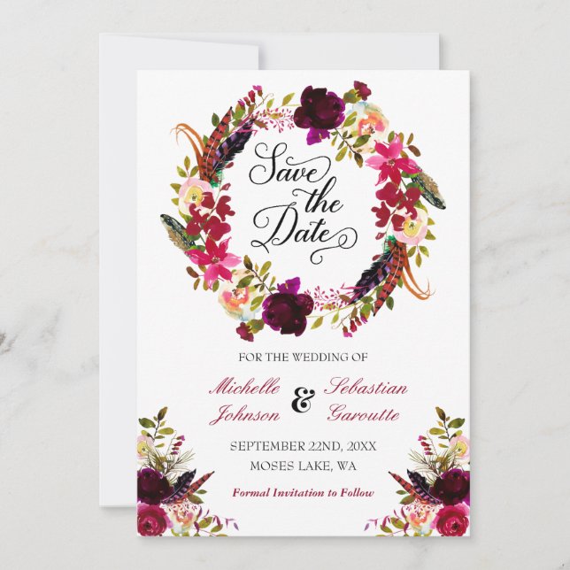 Reserve A Data Burgundy Marsala Rustic Floral Save Date (Frente)
