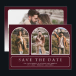 Reserve A Data Burgundy Minimal Arch Photo QR Code Wedding<br><div class="desc">Set the tone for your modern wedding with this sleek and minimalist Arch Save the Date. Featuring a clean aesthetic and a contemporary arch-shaped photo frames. Custom QR code provides your guests with a seamless way to access your wedding website, hotel blocks, and schedule.</div>