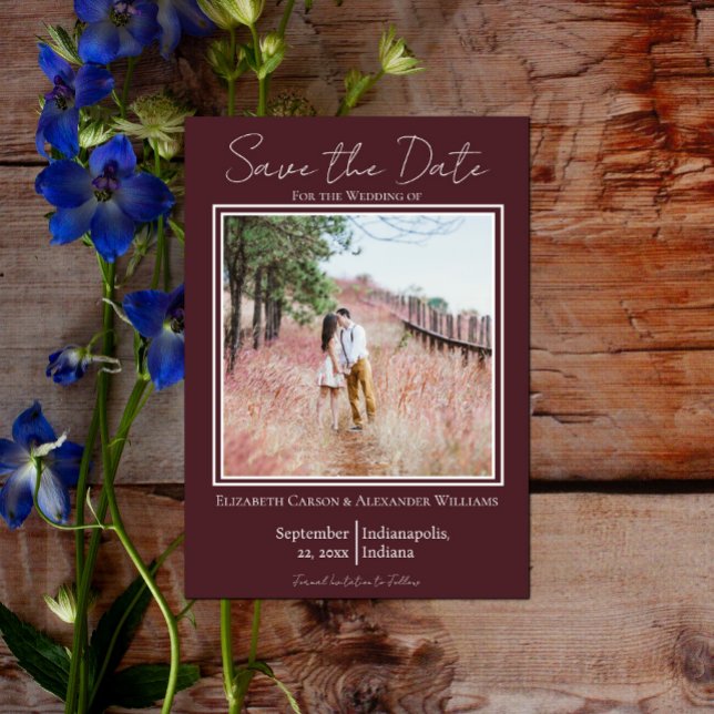 Reserve A Data Burgundy Minimalista Foto Salvar Data (Burgundy Minimalist Photo Save the Date)