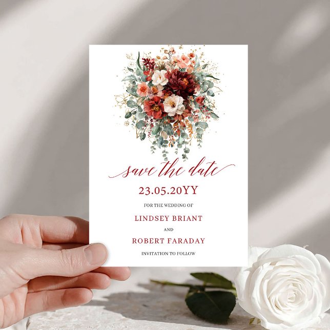 Reserve A Data Burgundy Moderno Folhagem Dourado Salvar a Data (Modern Burgundy Greenery Gold Save The Date

)