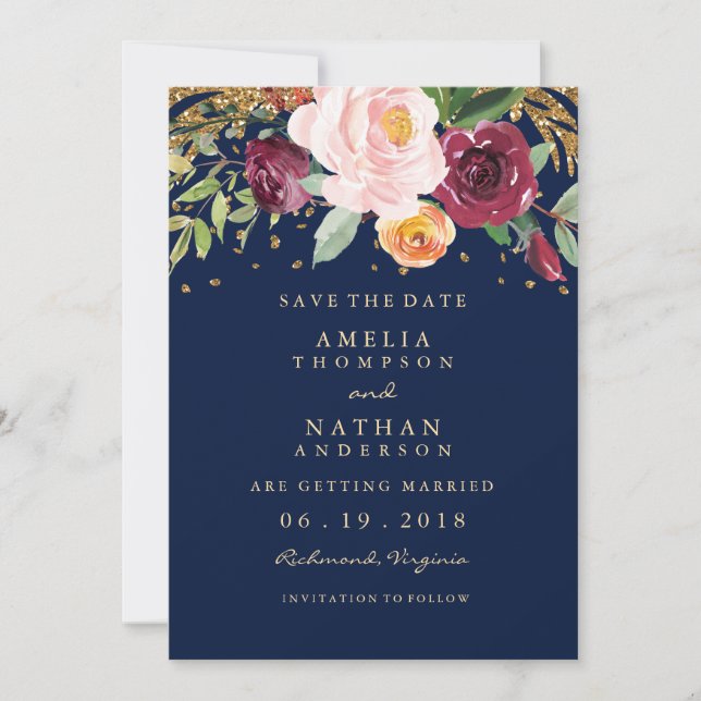 Reserve A Data Burgundy Navy Floral Glitter Salve a Data (Frente)