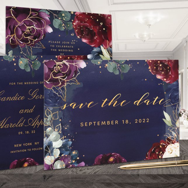 Reserve A Data Burgundy Navy Gold Garden Wedding Save The Date (Criador carregado)