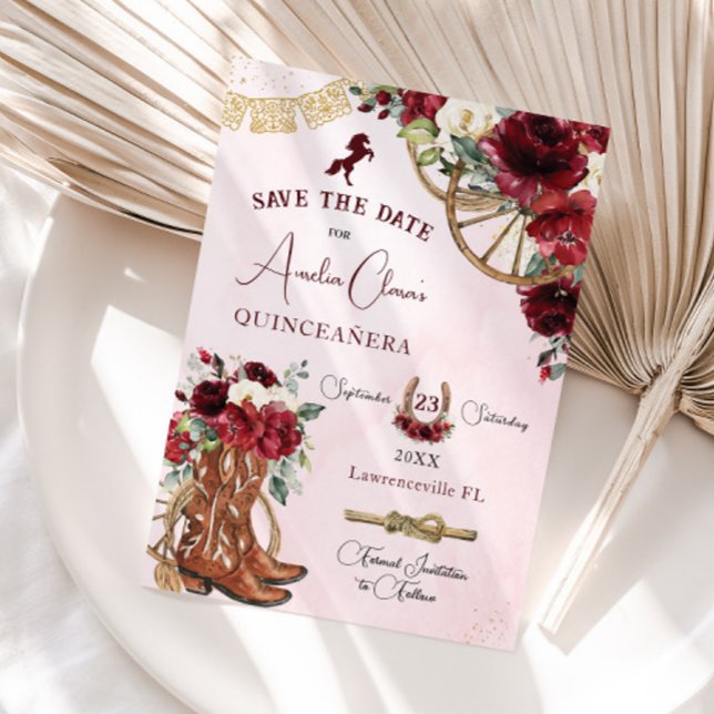 Reserve A Data Burgundy Red Floral Wild West Charro Quinceañera (Criador carregado)