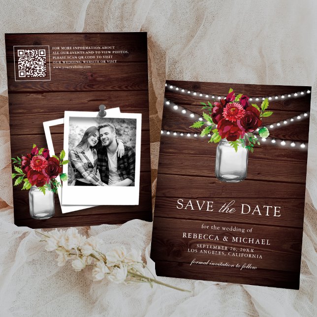 Reserve A Data Burgundy Red Floral Wood Código QR Foto Casada (Criador carregado)
