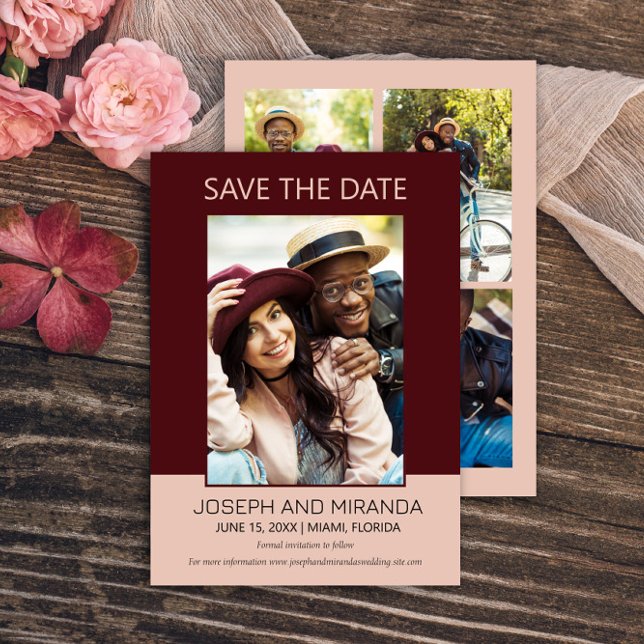 Reserve A Data Burgundy Rosa 4 Foto Casamento Save Date Save Date (Burgundy and pink 4-photo (front and back) wedding Save the Date flat card)