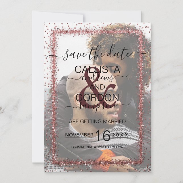 Reserve A Data Burgundy Rose Gold Confeti Foto Casamento (Frente)