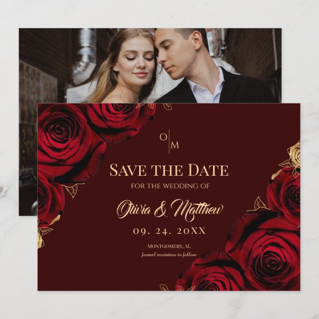 Reserve A Data  Burgundy Roses Floral Marsala Wedding (Frente/Verso)