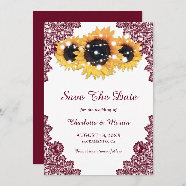 Reserve A Data Burgundy Rustic Chic Lace Sunflower Salvar Data (Frente/Verso)