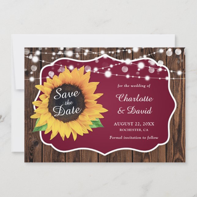 Reserve A Data Burgundy Rustic Wood Luz Sunflower Casamento (Frente)