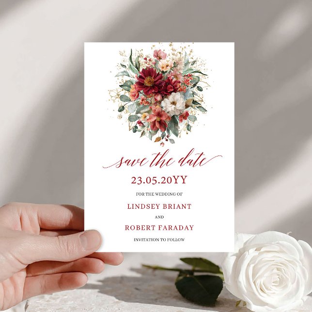 Reserve A Data Burgundy Sazonal Eucalipto Dourado Salve A Data (Seasonal Burgundy Eucalyptus Gold Save The Date

)