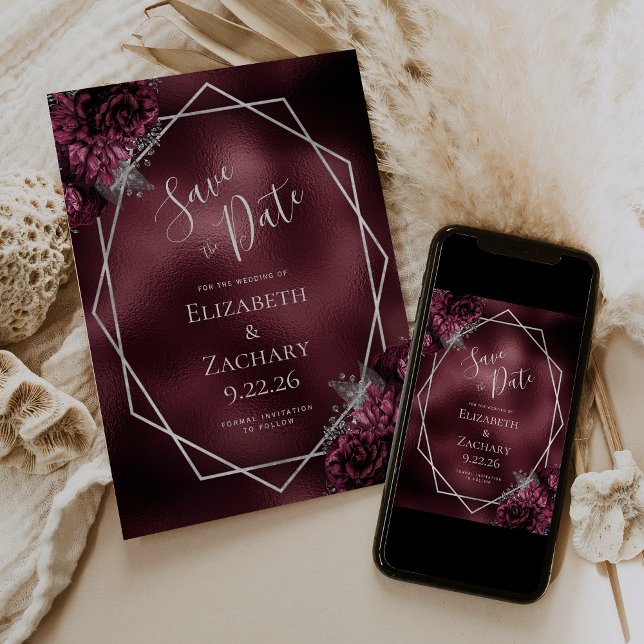 Reserve A Data Burgundy Silver Floral Geométrico Salvar a Data (Criador carregado)