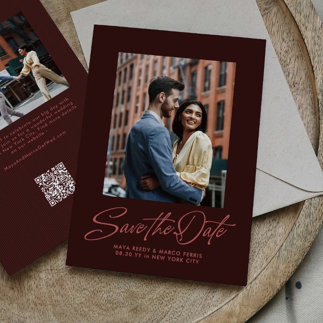 Reserve A Data Burgundy stylish script two photo wedding (Criador carregado)