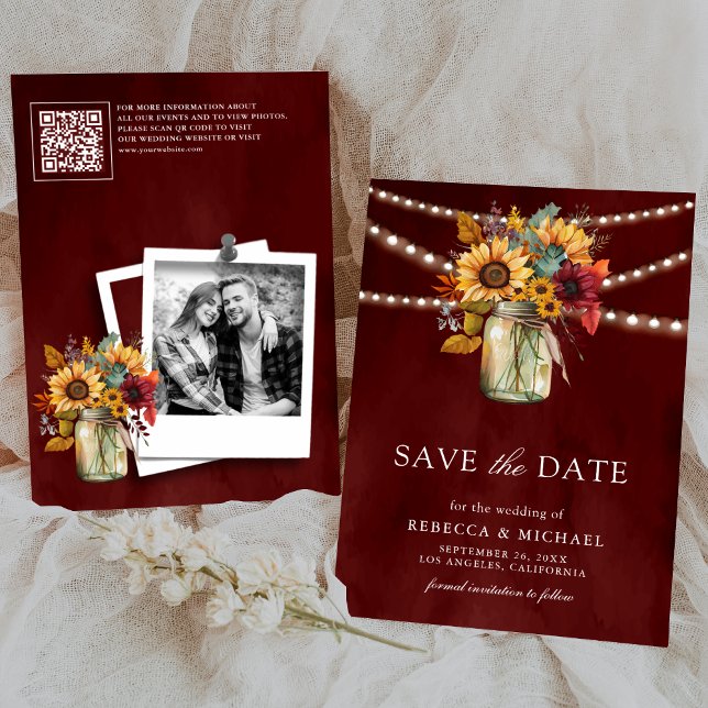 Reserve A Data Burgundy Sunflower QR Code Foto de Casamento (Criador carregado)