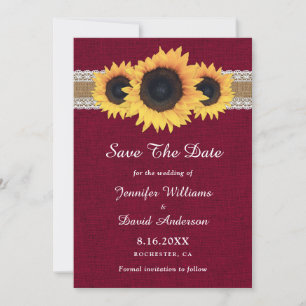 Reserve A Data Burgundy Sunflower Rustic Burlap Lace Wedding