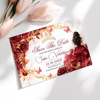 Reserve A Data Burgundy Vermelho Dourado Floral Quinceanera