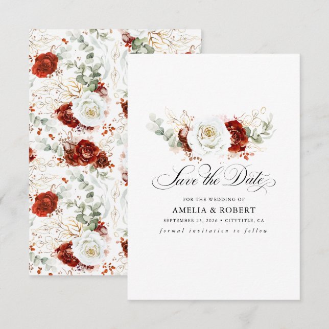 Reserve A Data Burgundy Vermelho e Branco Chic Floral Save the Da (Frente/Verso)