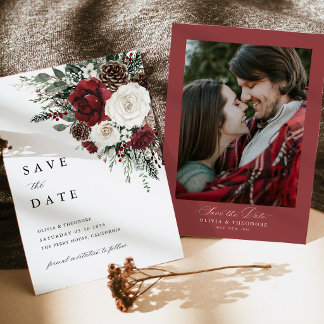 Reserve A Data Burgundy Winter Floral Photo Back Wedding