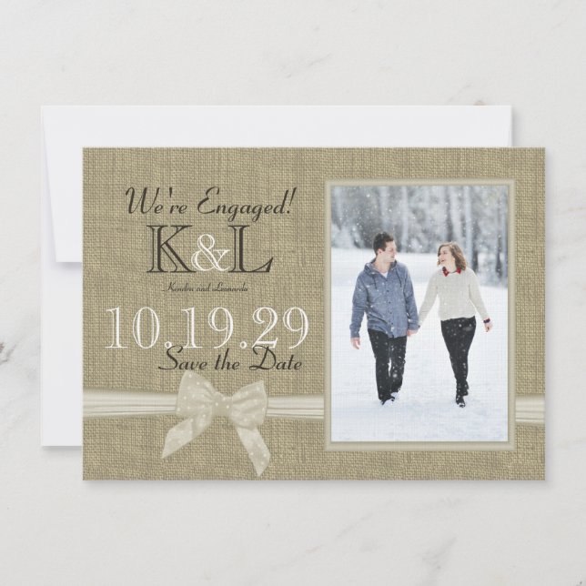 Reserve A Data Burlap and Arco Rustic Country Save Date (Quebra e (Frente)
