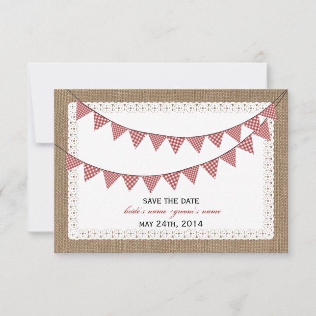 Reserve A Data Burlap Inspirou Red Gingham Bunting Data de Salvam (Frente)