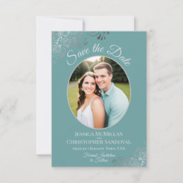 Reserve A Data Cachos de Prata Elegantes e Foto em Casamento Azul