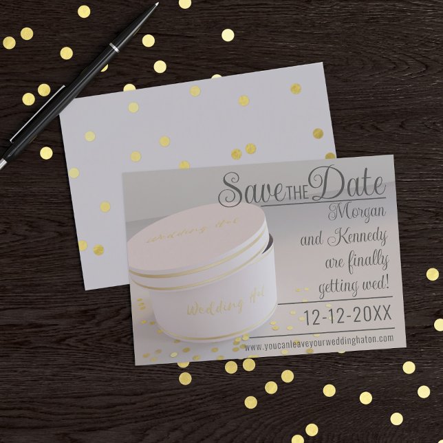 Reserve A Data Caixa De Chapéu De Casamento Confetti Salvar O Con (Add your wedding details to this wedding hat box themed Save the Date)