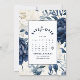 Reserve A Data Calendário aquarelado floral azul naval empoeirado