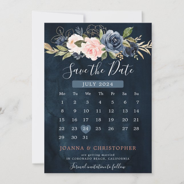 Reserve A Data Calendário Boho Rosa Pink Azul Marinho (Frente)