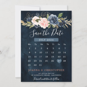 Reserve A Data Calendário Boho Rosa Pink Azul Marinho