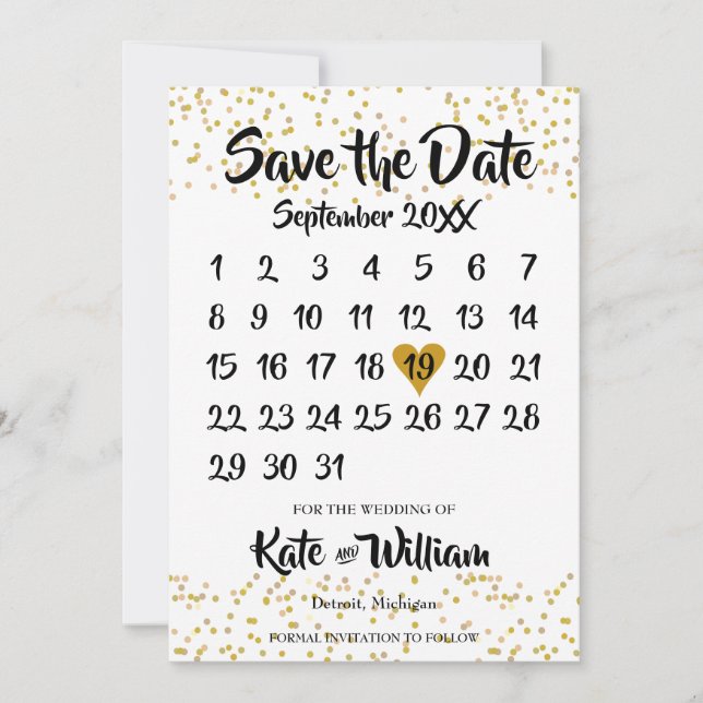 Reserve A Data Calendário Coração de Amor Dourado (Frente)