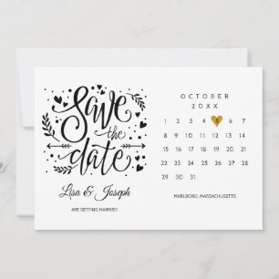 Reserve A Data Calendário Coração Dourado Preto e Branco