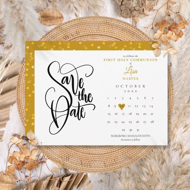 Reserve A Data Calendário da Primeira Comunhão Coração Dourado (First Holy Communion Calendar Gold Heart Save The Date)