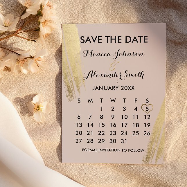 Reserve A Data Calendário de Brushstrokes Dourados Mauve Rosa Sal (Mauve Pink Gold Brushstrokes Calendar Save Save The Date )