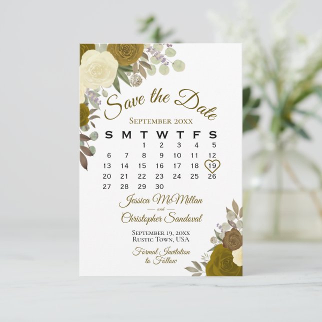 Reserve A Data Calendário de Casamento de Boho Elegante Floral de (Em pé/Frente)
