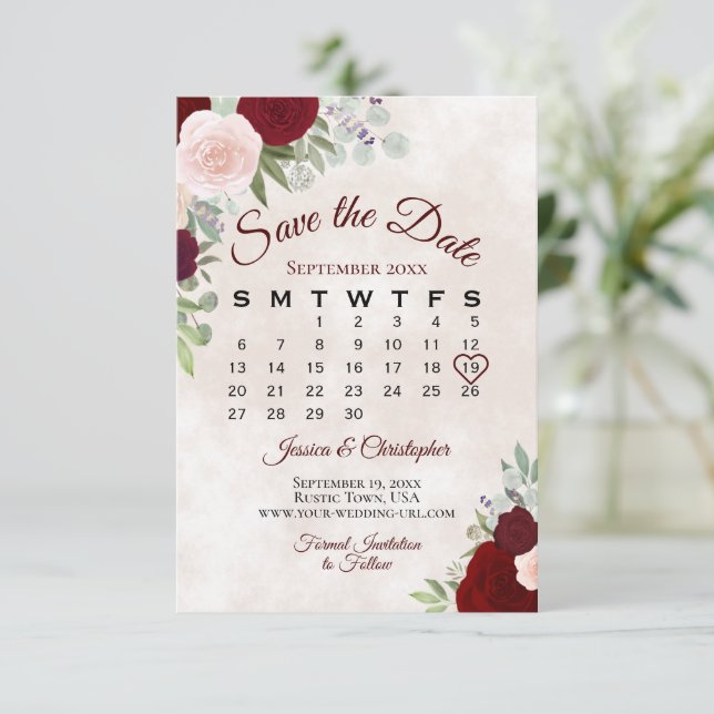 Reserve A Data Calendário de Casamento de Boho Elegante Rosa e Ro (Em pé/Frente)