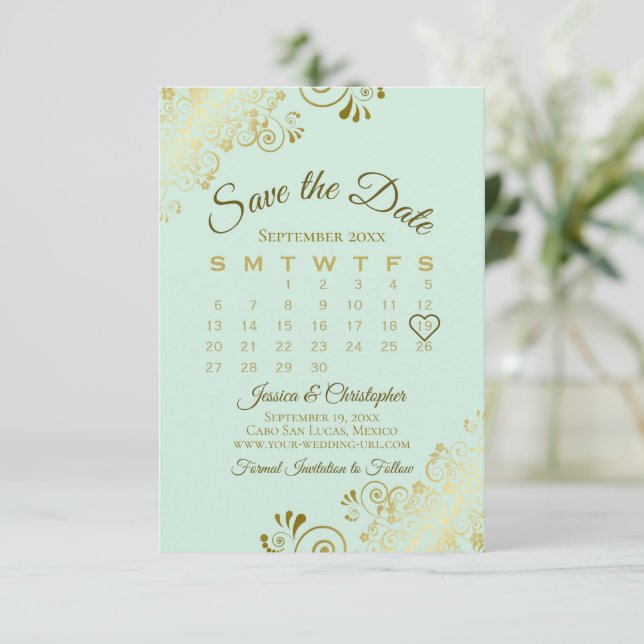 Reserve A Data Calendário de Casamento de Chic Verde Neo Mint par (Em pé/Frente)