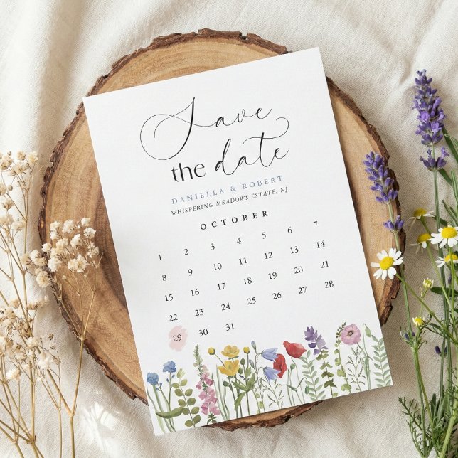 Reserve A Data Calendário de Casamento de Flores Silvestres Linda (modern save the date calendar wildflower wedding invitation in romantic script calligraphy)