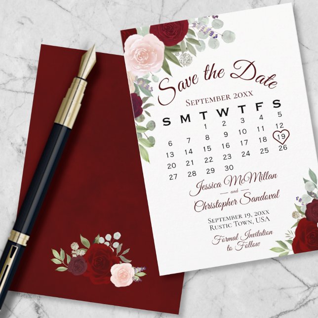 Reserve A Data Calendário de Casamento do Elegante Floral Elegant (Front and Back)