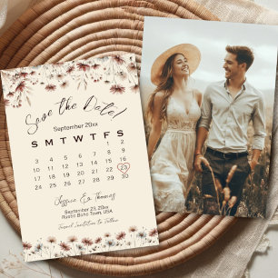 Reserve A Data Calendário de Casamento e Foto de Flores Silvestre