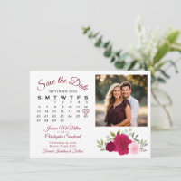 Calendário de Casamento e Foto de Rosas Magenta e