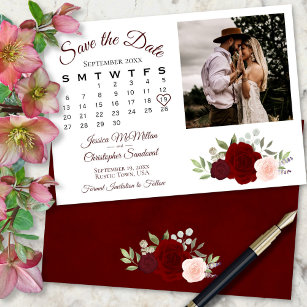 Reserve A Data Calendário de Casamento e Foto de Rosas Vermelhas 