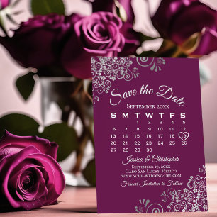 Reserve A Data Calendário de Casamento Elegante de Prata e Magent