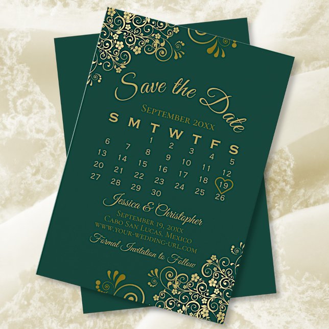 Reserve A Data Calendário de Casamento Elegante Esmeralda com Enf (Criador carregado)